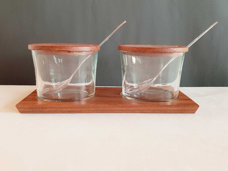 sauces Jar set for jams midcentury glass container on teak tray vintage dips