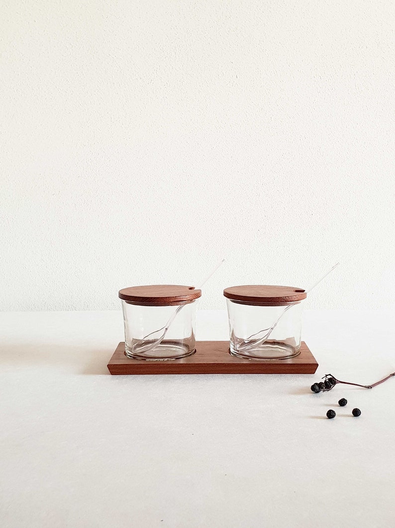 sauces Jar set for jams midcentury glass container on teak tray vintage dips