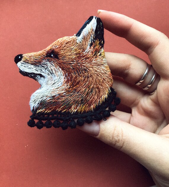 Red Fox Hand-Embroidered Brooch Pin Red Fox Hand-Embroidered Brooch Pin