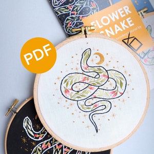 Flower snake PDF digital embroidery pattern, snake pattern embroidery guide