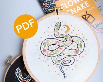 Flower snake PDF digital embroidery pattern, snake pattern embroidery guide