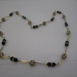 Vintage 14K Gold Filled Necklace with Rhinestone Ball Beads & Black Glass  Pretty