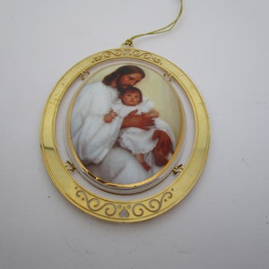 Vintage Painting Print on Milk Glass Jesus & Child Christmas Ornament