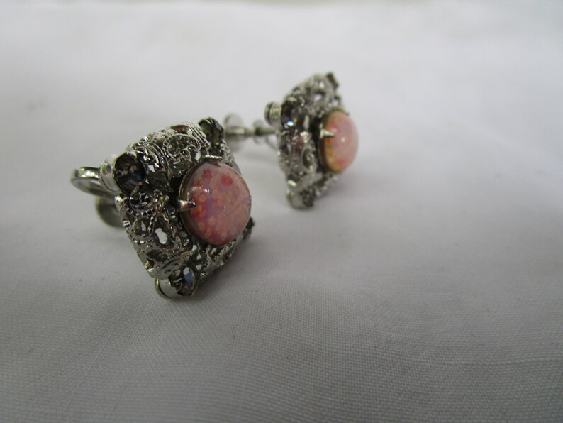 Fancy Silver Tone Screw Back Earrings with Moon Stone Art Glass Nice