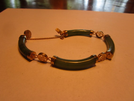 Vtg Chinese Gold Filled & Jade Character Bracelet - image 1