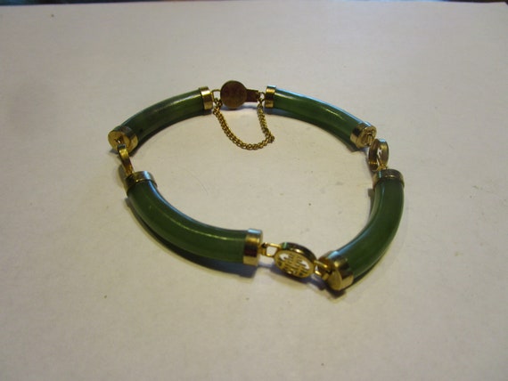 Vtg Chinese Gold Filled & Jade Character Bracelet - image 2