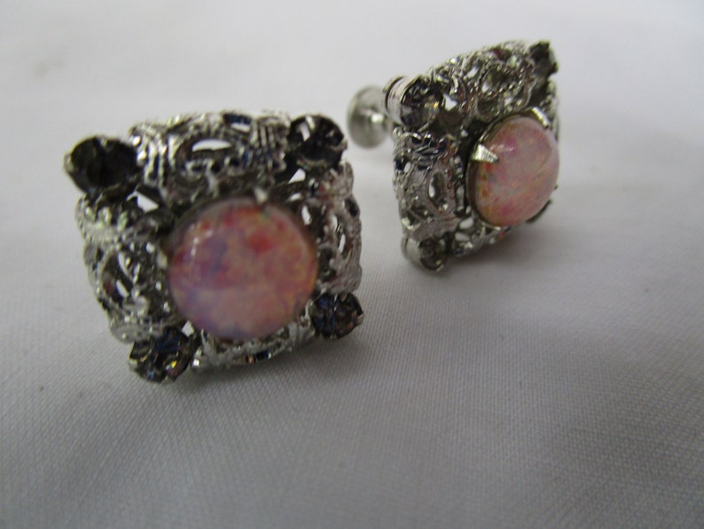 Fancy Silver Tone Screw Back Earrings with Moon Stone Art Glass Nice