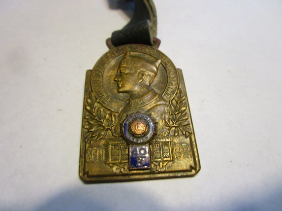1931 Antique Bronze with Blue Enamel Watch Fob Am… - image 2