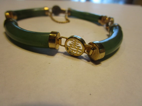Vtg Chinese Gold Filled & Jade Character Bracelet - image 3