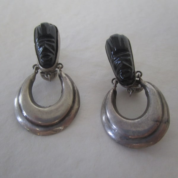 Old Mexico Silver Dnagle Screw Back Earrings with Carved Black Onyx Mask Face