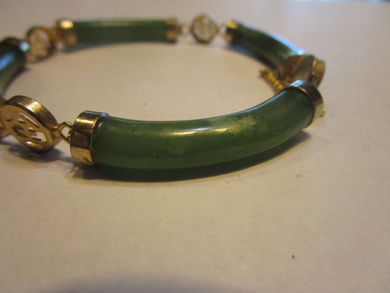 Vtg Chinese Gold Filled & Jade Character Bracelet - image 5