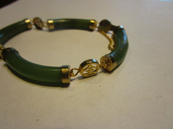 Vtg Chinese Gold Filled & Jade Character Bracelet - image 4