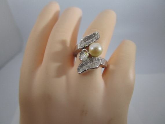 Vintage Stylized Sterling Silver Ring with Real P… - image 1