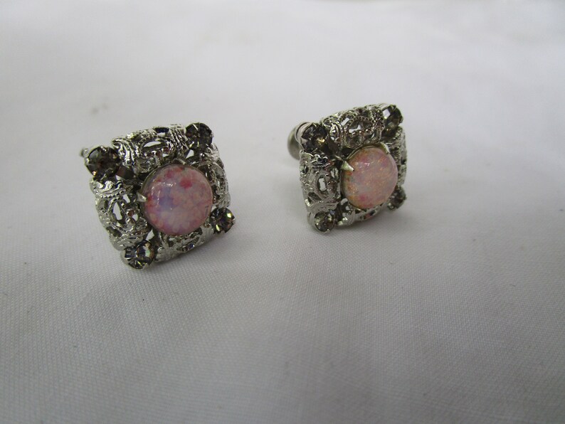 Fancy Silver Tone Screw Back Earrings with Moon Stone Art Glass Nice