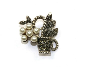 Vintage Italian Sterling Victorian Reproduction Vase Brooch with Rhinestone Flowers
