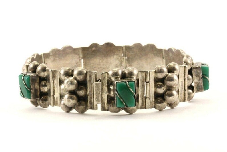 273796507824 Vintage Beaded Green Stone Design Link Bracelet 925 Sterling Br 2712