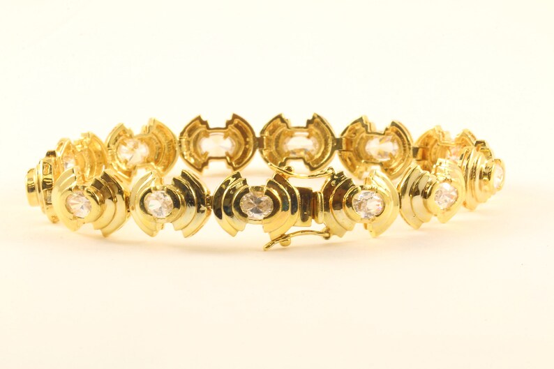 Vintage Oval Crystals CZ Design Link Chain Bracelet 925 Sterling Silver BR 3397