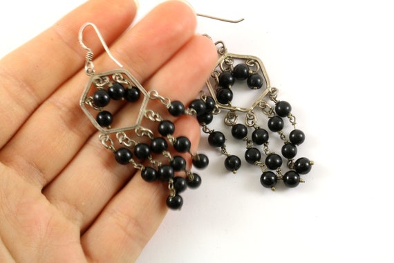 Vintage Beautiful Black Beads Beaded Large Drop/D… - image 2