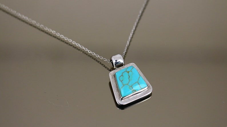 Vintage Mexico Turquoise Trapezoid Shape Pendant Chain Design Necklace 925 Sterling Silver NC 2019