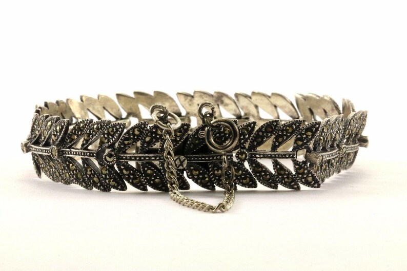 Vintage Leaf Design Marcasite Link Bracelet 925 Sterling Br 1461 273796507111