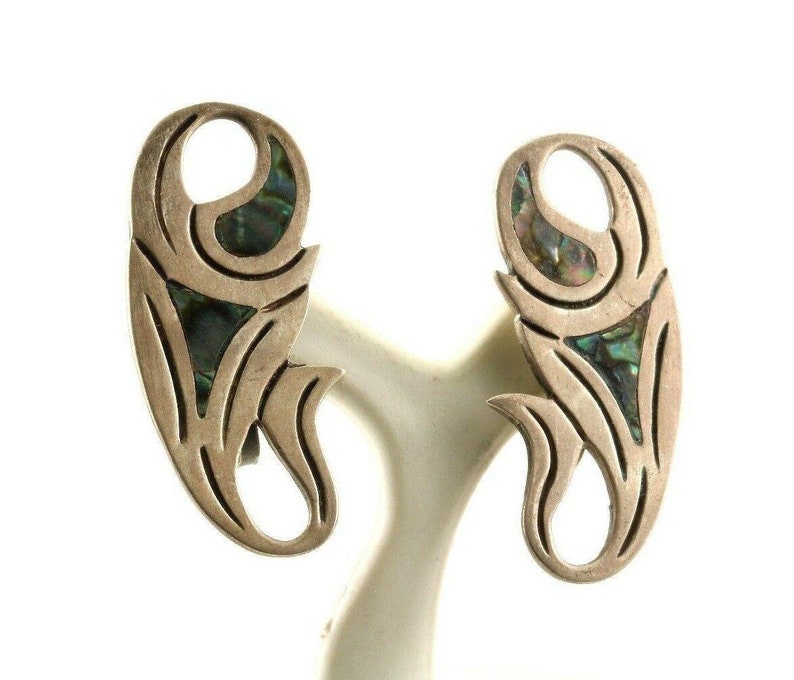 Vintage Abalone Flower Design Screw Back Earrings 925 Sterling Er 631 123759756637