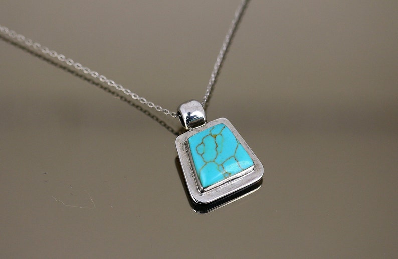 Vintage Mexico Turquoise Trapezoid Shape Pendant Chain Design Necklace 925 Sterling Silver NC 2019