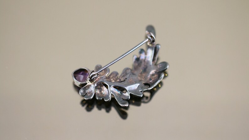 Vintage Purple Amethyst Leaf Marcasite Stones Design Brooch 925 Sterling Silver BB 1871