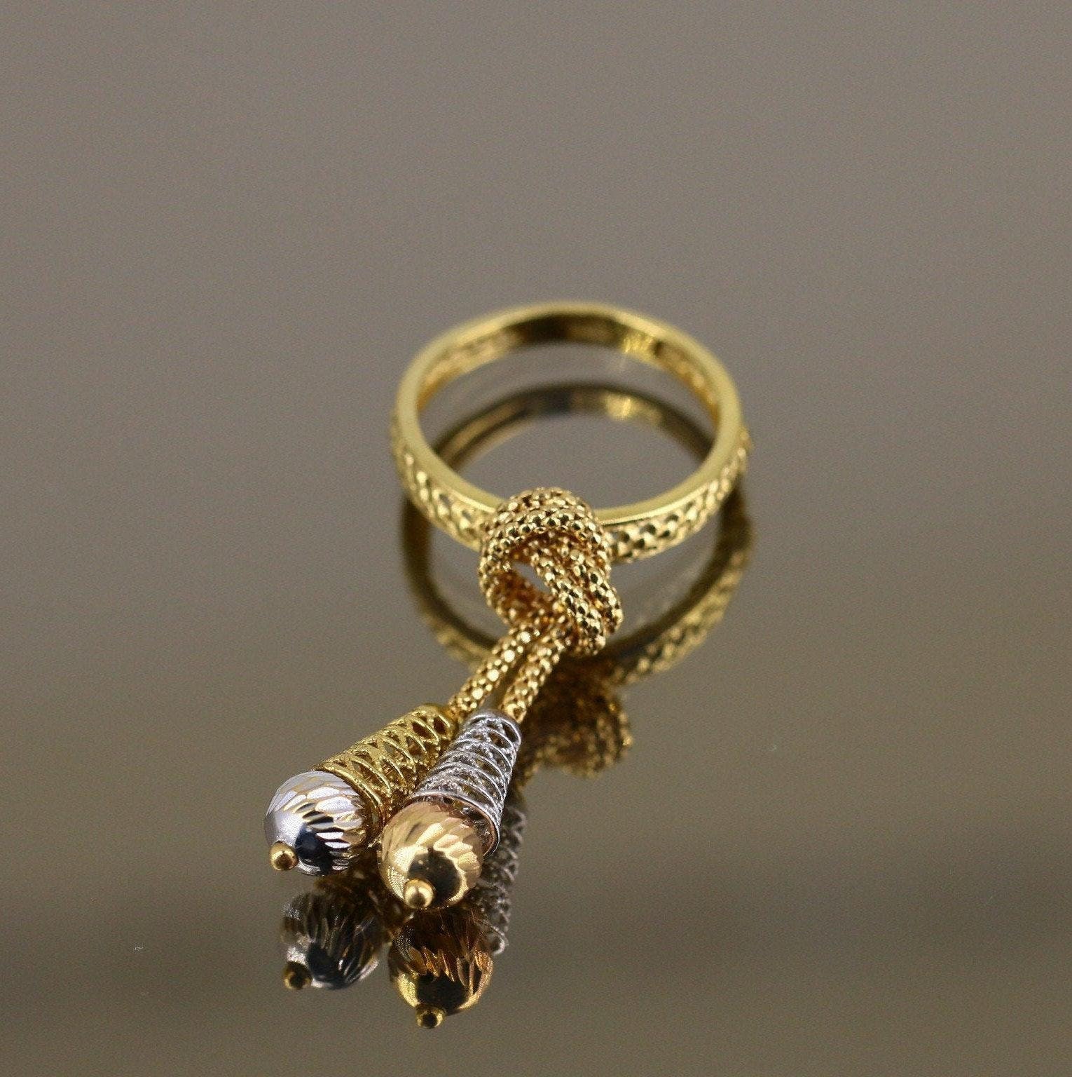 Size 8.25 Lazurde 18k Yellow Gold Dangling Drops Knot Two Tone
