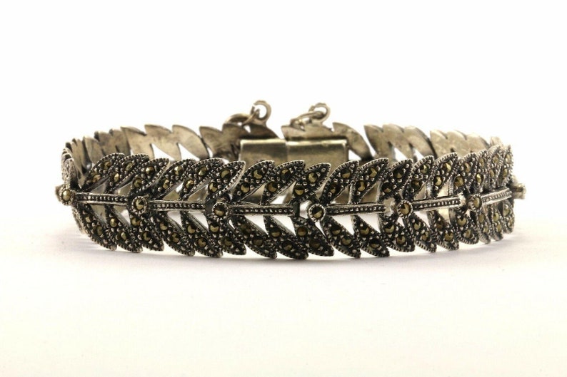Vintage Leaf Design Marcasite Link Bracelet 925 Sterling Br 1461 273796507111