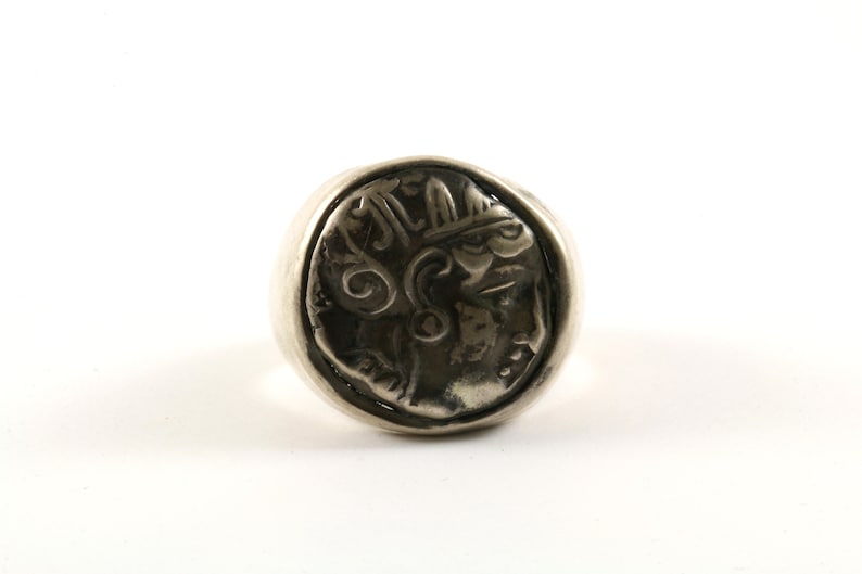 Vintage Greek Athens Tetradrachm Athena Goddess Signet Design Ring 925 Sterling Silver RG 1605