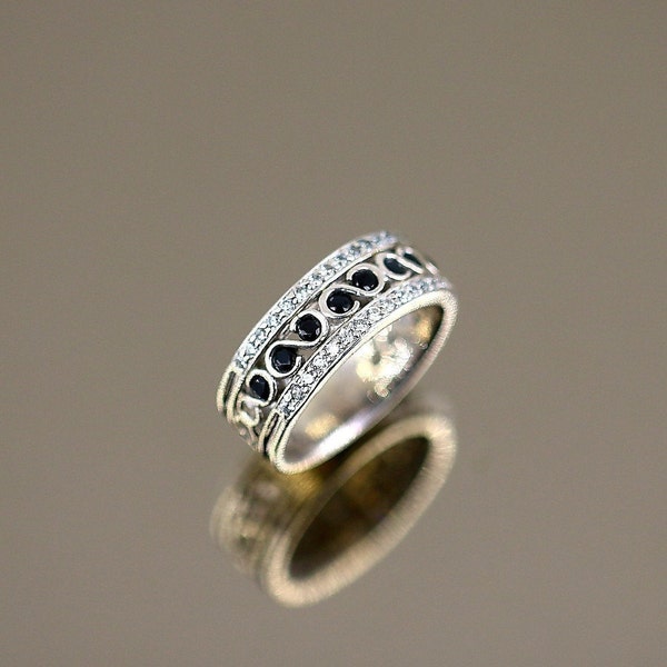 Vintage taille 6 éternité infini signe défilement cristaux noirs blanc petit véritable diamant bague en argent sterling 925 RG 1554