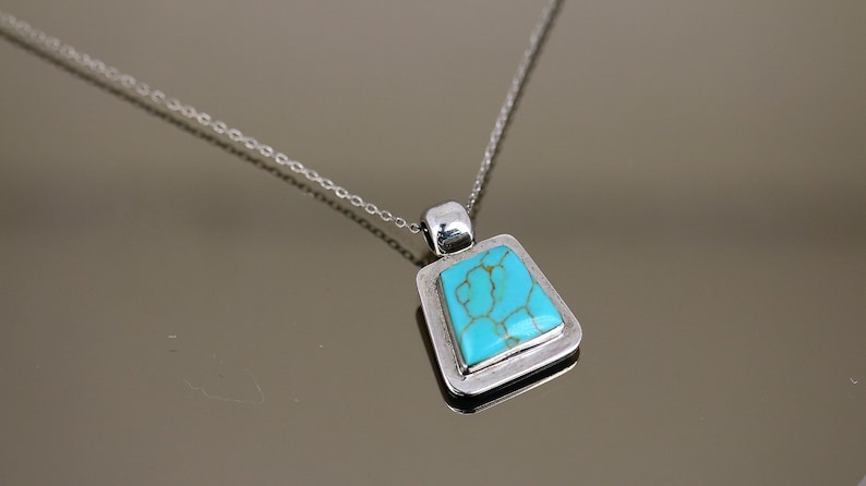 Vintage Mexico Turquoise Trapezoid Shape Pendant Chain Design Necklace 925 Sterling Silver NC 2019