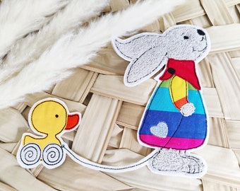 Rabbit girl with small duck application rainbow dress terry cloth grey