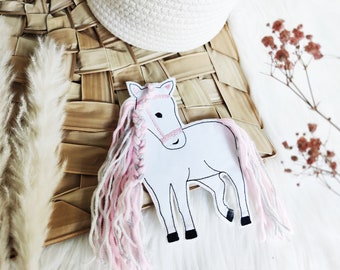 XL Pony Pferd 3D Haare flechten weiss rosa Button Schultüte Applikation Aufnäher