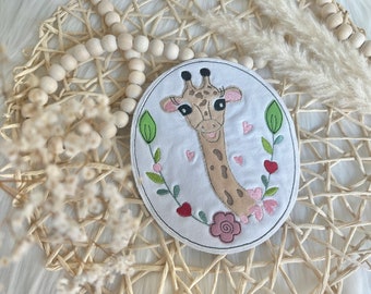 Giraffe Doodle Blumenkranz im Button Aufnäher Schultüte Einschulung Kinder Bügel Flicken Applikation