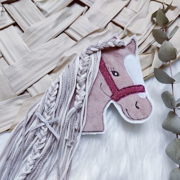 XL Pony Pferd Applikation hellbraun mit Schleife 3D Haare Button für Schultüte Aufnäher Glitzer pink
