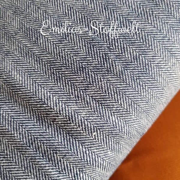 Leinen Baumwolle Twill Fischgrat Grätenstoff Hahnentritt blau