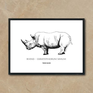 RHINO - Premium Print Ink Drawing and latin species name, Animals Poster, Black and White, Sketch