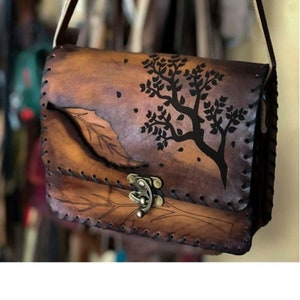 Handmade Genuine Leather Bag for Woman, Shoulder Leather Bag, Tree and Leaf Bag