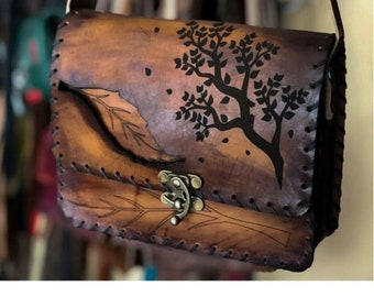 Bolso hecho a mano en piel auténtica para mujer, bolso de hombro en piel, bolso de árbol y hoja