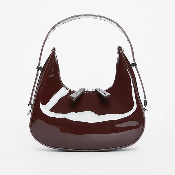 Glossy Patent Leather Top Handle Bag Women Solid Color Cresent PU Leather Bag Makeup Bag Glossy Armpit Handbag Claret Red Leather Bag