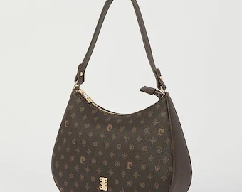 Brown Monogram Vegan Leather Shoulder Purse, Embossed Pattern Crossbody Bag, Compact Zipper Handbag with Detachable Strap