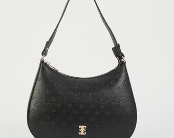 Black Floater Vegan Leather Shoulder Bag, Textured Small Purse with Zipper, Elegant Crossbody Handbag with Removable Strap