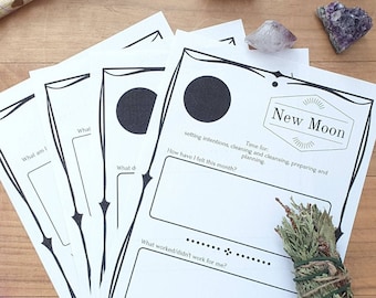 May include: A collection of spiritual items including a wand, crystals, and a bundle of sage, arranged with printable "New Moon" journal pages. The pages have decorative borders and prompts for reflection. The words "Printable Book of Shadows" and "NEW MOON" are visible.
