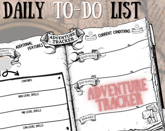 May include: A detailed, hand-drawn daily to-do list with the title "Daily To-Do List" at the top. The page is labeled "Adventure Tracker" and includes sections for spells, quests, and rewards. The design is in black and white with a vintage map background.