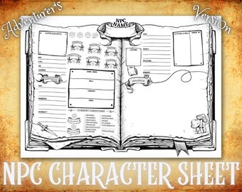 May include: Black and white NPC character sheet with the text "Adventurer's Version" and "NPC CHARACTER SHEET". The sheet is designed to look like an open book, with sections for character details, skills, and conditions.