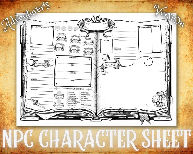 May include: Black and white NPC character sheet with the text "Adventurer's Version" and "NPC CHARACTER SHEET". The sheet is designed to look like an open book, with sections for character details, skills, and conditions.