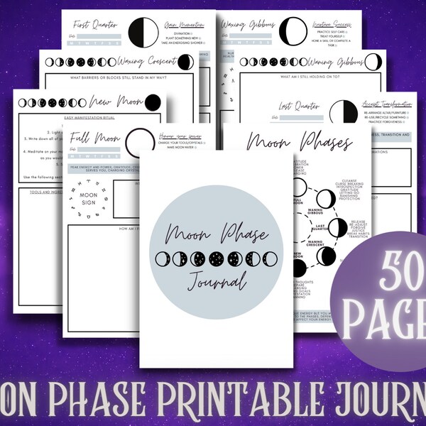 Moon Phase Witch Planner Journal - Full Moon - New Moon - Waning Moon - Waxing Moon - 50-Page Printable - Manifestation Work Sheet - Witchy