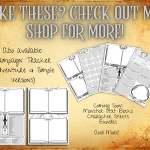 May include: A collection of black and white printable campaign tracker sheets and character sheets. The image includes open notebooks and various layout designs for game notes. Text on the image reads "LIKE THESE? CHECK OUT MY SHOP FOR MORE!" and "Campaign Tracker".