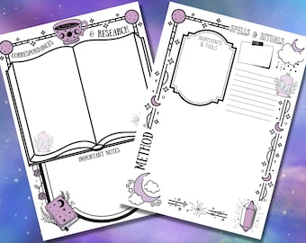 May include: Two white pages with black line art, featuring a book, teacup, and celestial motifs. One page reads "Correspondances & Research" and "Important Notes." The other reads "Spells & Rituals" and "Ingredients & Tools."